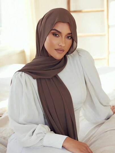 1 件女士仿珍珠装饰纯色雪纺柔软围巾，休闲保守风格头巾适合日常使用头带柔软头巾长袍配饰面纱衣服