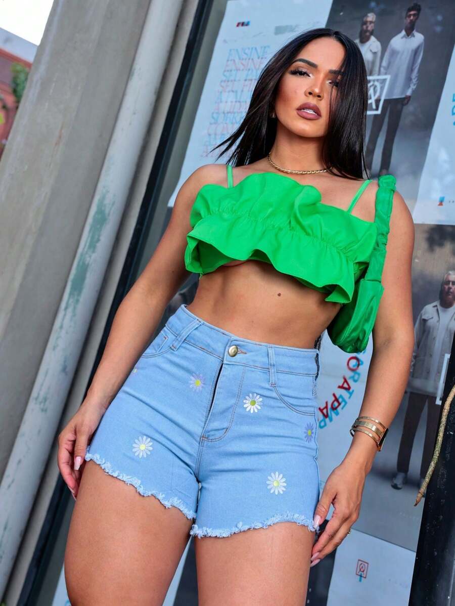 Women Denim Shorts - 淺色水洗藍 - 查看 1
