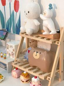 WHICHLIFE 1/2pcs Simple INS Style Wooden Double-Layer Desk Organizer Trapezoid Shape, For Dorm Room, Bedroom, Study, Solid Wood Storage Shelf - Khaki - View 5