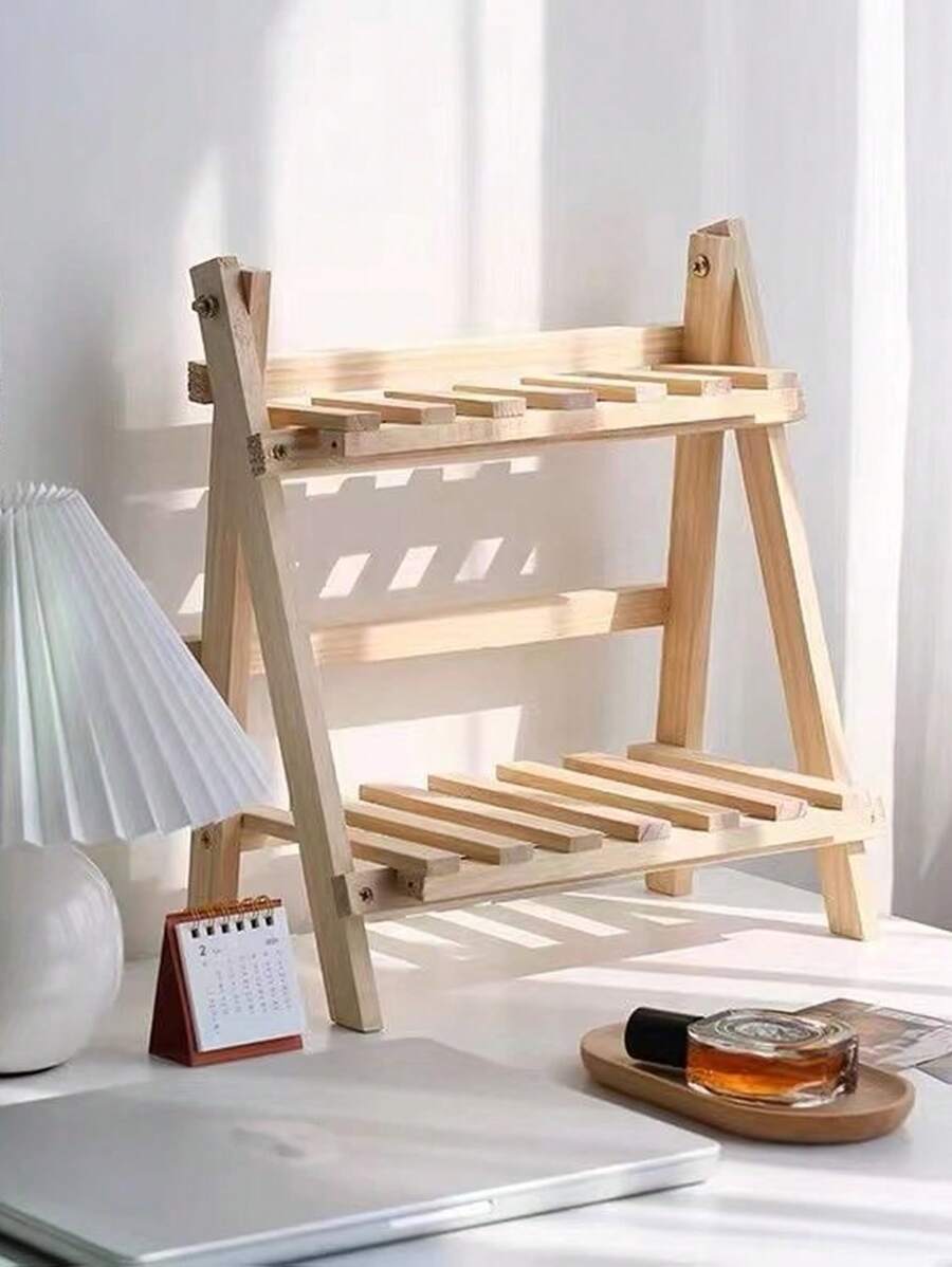 1pc Simple Style Ins Wooden Doublelayer Desktop Storage Rack In