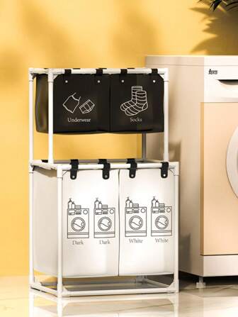 1pc 2-Layer 2/4-Grid Laundry Basket, Large Capacity Waterproof Fabric Dirty Clothes Basket With Detachable Bags, Clothes Storage Organizer Bucket, Bathroom Clothes Organization And Storage Basket, Linen Hamper For Bathroom Accessories, Home Decor