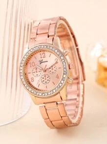1 pieza Reloj de cuarzo con correa de acero inoxidable y 3 ojos llenos de diamantes sintéticos para mujer, talla grande 5 piezas de set de joyería con diamantes sintéticos, regalo para estudiantes que regresan a la escuela - Oro rosa - Ver 3