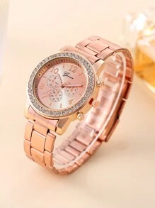 1 pieza Reloj de cuarzo con correa de acero inoxidable y 3 ojos llenos de diamantes sintéticos para mujer, talla grande 5 piezas de set de joyería con diamantes sintéticos, regalo para estudiantes que regresan a la escuela - Oro rosa - Ver 4