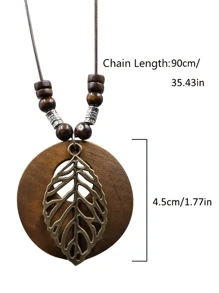 木質吊墜項鍊帶葉子/貓頭鷹/大像等形狀吊墜長 Pu 皮革鏈條毛衣項鍊女式女孩 - 圓樹 - 查看 5