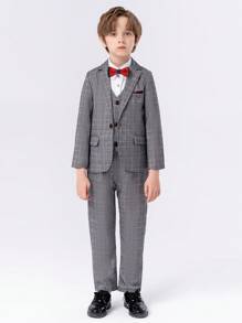 Tween Boy's Checkered Single-Breasted Blazer And Vest Suit, Suit Trousers And Bowtie Set Without Shirt - Grey - View 3