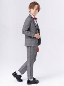 Tween Boy's Checkered Single-Breasted Blazer And Vest Suit, Suit Trousers And Bowtie Set Without Shirt - Grey - View 4