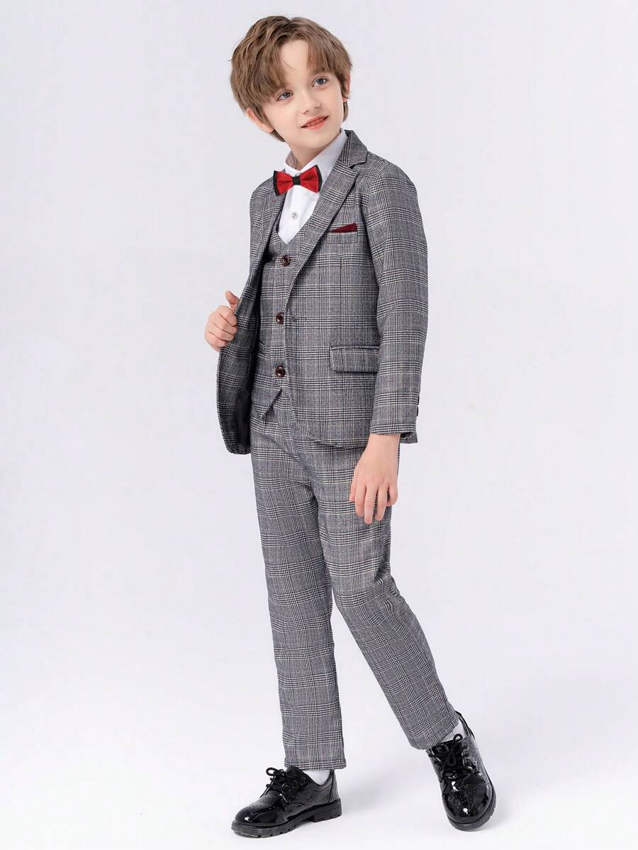 Tween Boy's Checkered Single-Breasted Blazer And Vest Suit, Suit Trousers And Bowtie Set Without Shirt - Grey - View 1
