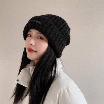 1pc Black Knitted Hat With Wide Brim To Make Face Slimmer, Suitable For Autumn And Winter; Grey Thick Knitted Hat With Fluffy Lining For Women, Suitable For Cold Weather Casual