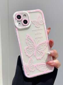 1 件粉色蝴蝶图案个性化边框透明手机壳适用于 iPhone - 粉色 - 查看 3