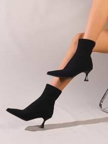 欧美风尖头高跟短靴女2023年春秋新款修身弹力袜鞋靴子 - 黑色 - 查看 3