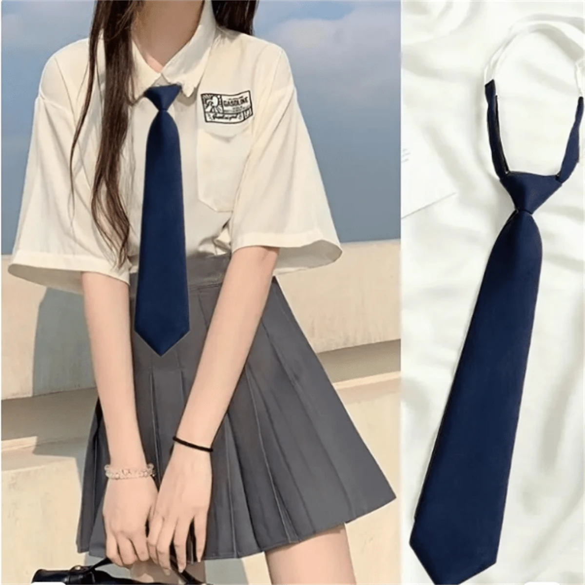 1條藍色學生制服風格的基本領帶,可拆卸設計,時尚多用的襯衫飾品,適合休閒或日常穿搭 - 藍色 - 查看 1