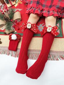 2pairs Girls' Christmas Bowknot Socks, Suitable For Christmas - Red - View 3