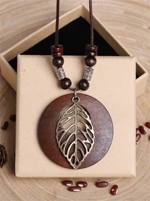 木質吊墜項鍊帶葉子/貓頭鷹/大像等形狀吊墜長 Pu 皮革鏈條毛衣項鍊女式女孩 - 圓樹 - 查看 3