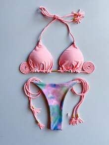 Tie-dye Bikini Set With Straps - Red - View 2