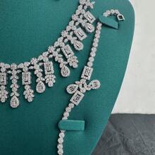 Ensemble De Collier, Boucles D'oreilles, Bague Et Bracelet Pour Femme, Ensemble De 4 Pièces/ensemble En Zircone Cubique De Style Européen Et Américain Pour Robe De Mariée Et Dîner De Mariage