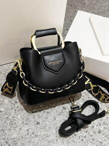 高端优雅迷你手提包时尚宽肩带斜挎包女士新款设计水桶手提单肩包，带钱包 - 黑色 - 查看 7