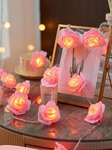 Luces de cadena con flores de rosa LED, decoración romántica interior para propuestas, cumpleaños, decoración de habitación de niñas - Rosa - Ver 4