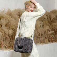 秋冬女式大號手提包柔軟冬季蓬鬆毛絨毛絨頂部提手錢包和手提包帶肩帶(灰色) - 灰色 - 查看 10