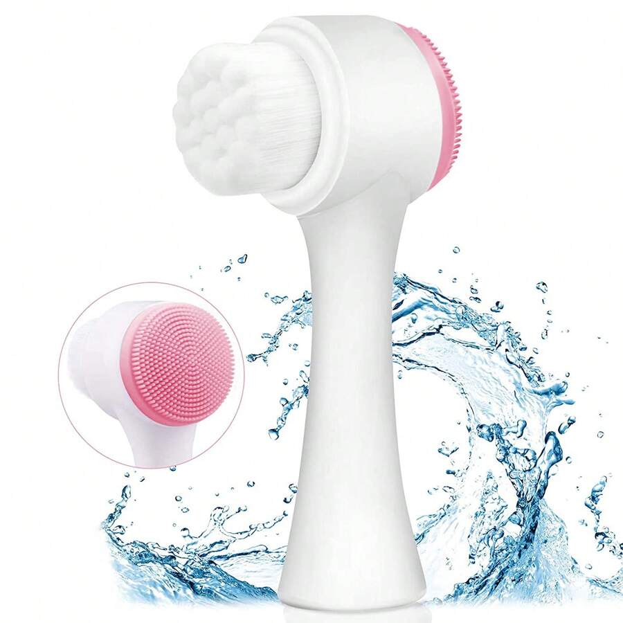 1 Cepillo De Limpieza Facial Manual, Cepillo Facial De Doble Cara Para El Cuidado De La Piel, Cepillo Facial De Silicona, Cepillo De Lavado De Cara Doble Manual Para Masaje De Exfoliación Profunda De Poros - Rosa - Ver 1