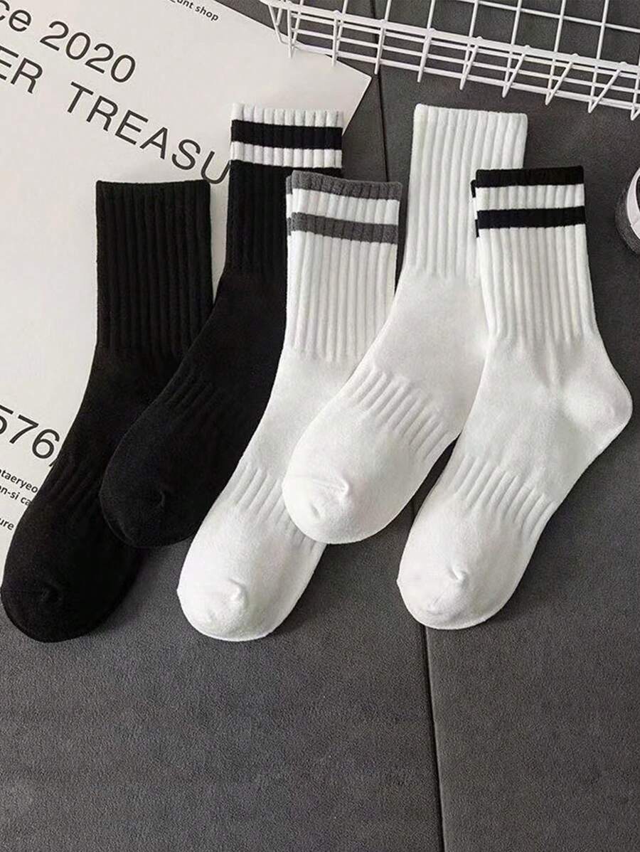 5pairs/pack Men's Mid-length Socks With Double Stripe Design, Black And White - Multicolor - View 1