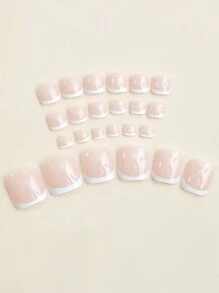 24片白色法式短方形按压式美甲贴片，简约风格，亮面全覆盖假脚趾甲，适合女性和女孩美甲用品 - 彩色 - 查看 2