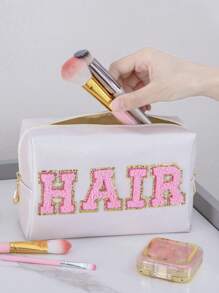 1 Piece//2pcs/4pcs Waterproof Cute Women Makeup Bag For Teen Girls Preppy Chenille Letter Patches SKIN HAIR FACE BATH STUFF Travel Cosmetic Pouch Skincare Face Initial Cosmetic Bag Toieltry Bag Hair Products Stuff Pouch - Beige - View 6