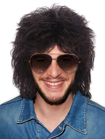 Mullet 70s 80s Wig with Bangs Dark Brown Long Disco Hair Curly Men Wigs for Men Man Male Hippie Rocking 80s Them Party Cosplay Costume Anime Heat Resistant Synthetic Hair Wig 70's Wig