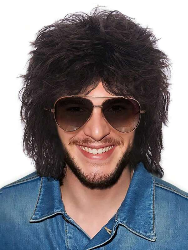 Perruque Mullet des années 70 des années 80 avec frange marron foncé, cheveux disco longs bouclés pour homme, homme, hippie, rocking des années 80, fête, cosplay, costume, anime, cheveux synthétiques résistants à la chaleur, perruque des années 70.