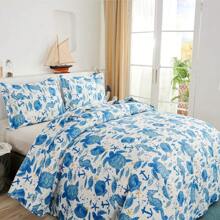 3Pcs Summer Beach Bedspreads Set King Queen Twin Size Lightweight Coastal Ocean Theme Quilts Seashell Conch Coverlet Sets Starfish Seahorse Seaweed Printed Bedding Pillow Shams - 藍色 - 查看 3