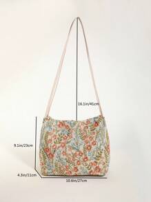 时尚花朵装饰纯色帆布水桶包，双肩带，女士单肩包 - 彩色 - 查看 2