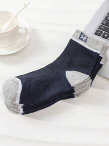 5pairs Men's Mid-calf Socks With Letters & Color Block Design For All Seasons, Daily Wear - Navy Blue - View 5