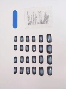24 Uñas Postizas Con Degradado Azul Y Negro En Forma Cuadrada Larga Con Lima De Uñas Y Pegamento De Gelatina, Perfectas Para Fiestas - Multicolor - Ver 3
