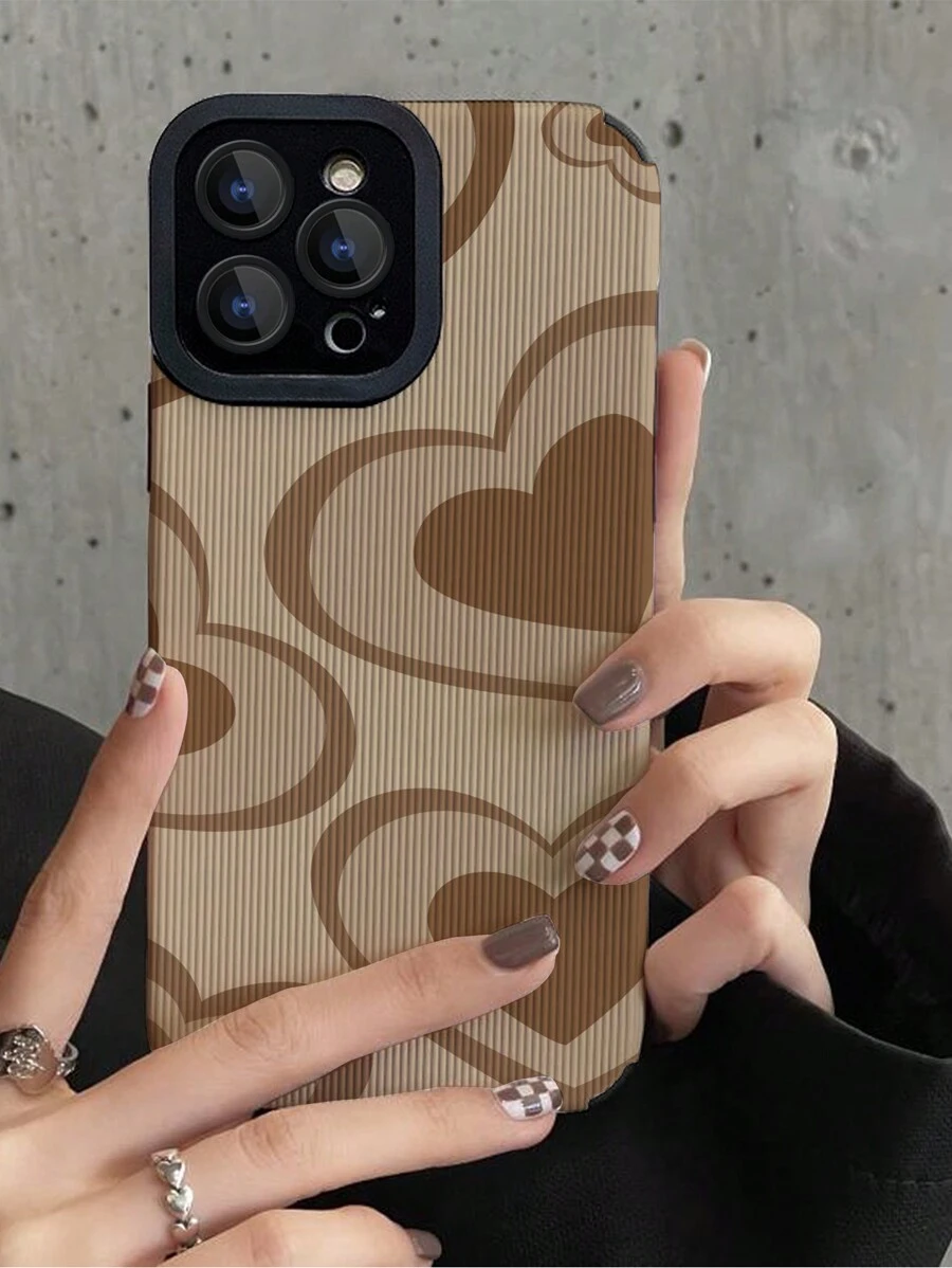 1pc Heart Pattern Leather Texture Phone Case, Compatible With Iphone And Samsung - Multicolor - View 1