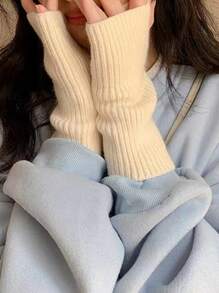 1 雙女式純色針織手套,方便、保暖、有彈力、護腕,適合日常通勤 - 米色 - 查看 2