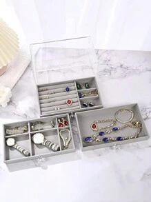 1 件時尚 3 層珠寶盒,簡約便攜式家用珠寶收納盒 - 灰色 - 查看 6