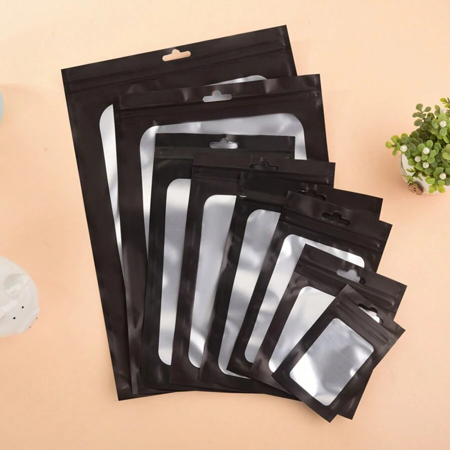 10 件裝黑色寵物材料自封鋁箔袋,帶透明窗和掛孔,多種尺寸,非常適合聖誕節、感恩節、萬聖節禮物包裝 - 黑色 - 查看 1