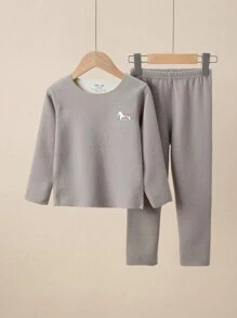 男童無縫保暖內衣套裝,室內居家基層服裝,冬季上下連身 - 淺灰色 - 查看 1