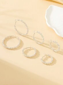 3 Pairs Asymmetrical Gear Shape Hoop Earrings Set In Different Sizes, Minimalist European Style - Silver - View 6
