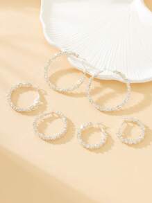 3 Pairs Asymmetrical Gear Shape Hoop Earrings Set In Different Sizes, Minimalist European Style - Silver - View 4