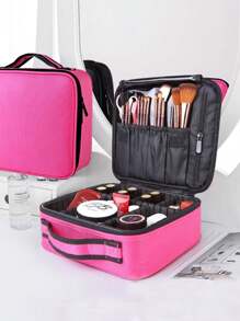 The Professional Makeup Artist's Dream: Travel Makeup Train Case With Adjustable Dividers For Brushes, Toiletries & Jewelry! Makeup Bag Makeup Bags Makeup Organizer Make Up Organizer Makeup Storage Make Up Bag - Hot Pink - View 2
