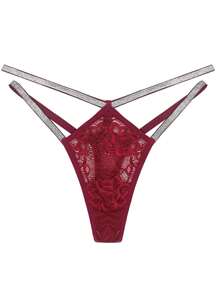 Pink Lace Double Strap Thong Panties - Hot Pink - View 1