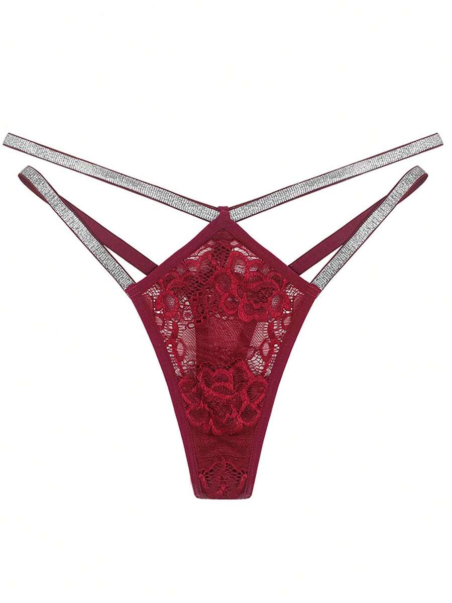 Pink Lace Double Strap Thong Panties - Hot Pink - View 1