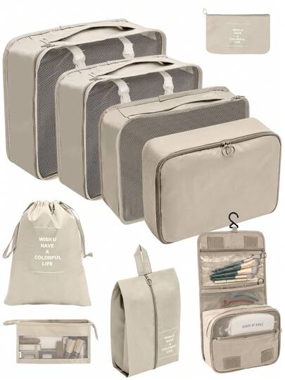 9 件标语图案旅行收纳袋，现代涤纶旅行衣物收纳袋，户外旅行必备品，旅行背包旅行包行李箱旅行装备返校搬家袋收纳袋