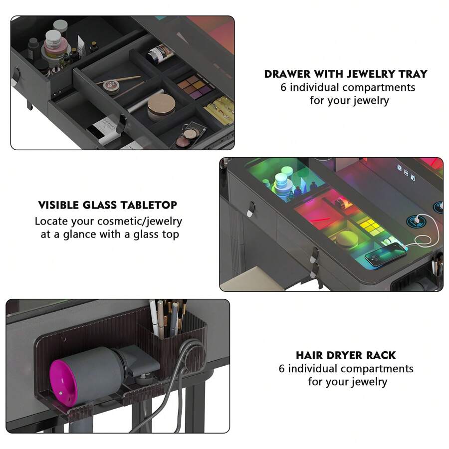 Lvifur RGB Makeup Vanity Desk with Wireless Charging Station,7 Dynamic