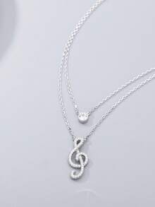 1個925純銀鋯石音符雙吊墜項鍊,時尚簡約設計,適合女士日常佩戴 - 銀色 - 查看 3