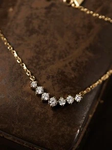 BALMORA 1pc Luxurious Elegant S925 Sterling Silver V-Shaped Cubic Zirconia Pendant Necklace Plated 18K Gold Collarbone Chain For Women Gift - Gold - View 5