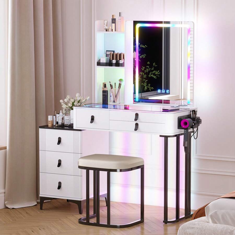 Lvifur RGB Makeup Vanity Desk with Wireless Charging Station,7 Dynamic
