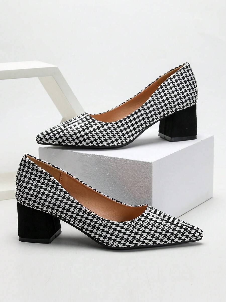 Của phụ nữ Đúng mốt Retro Checkered Khối màu Pointed Toe Dày Gót chân Giày nữ Baotou Cho công việc , Commute - Đen và trắng - Xem 1