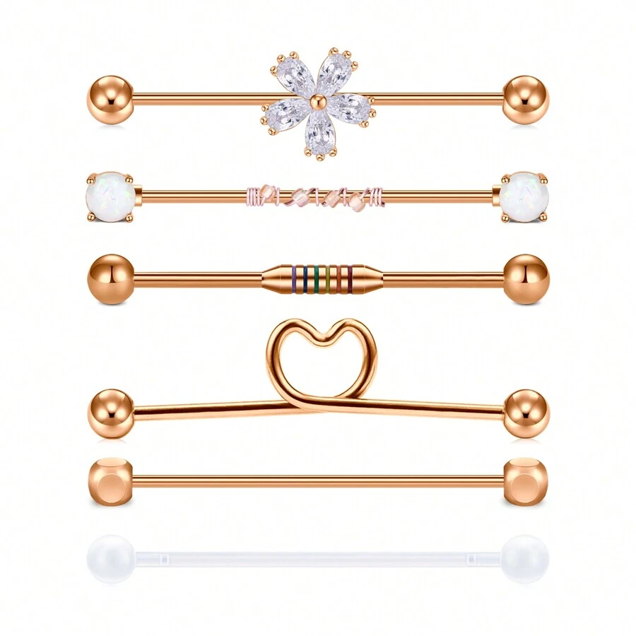 Acefun 1 套 6 件裝 14 克玫瑰金不銹鋼 Aop 球,水晶花,箭頭形工業槓鈴,帶紫外線珠,日常穿耳飾品,條長 38 毫米