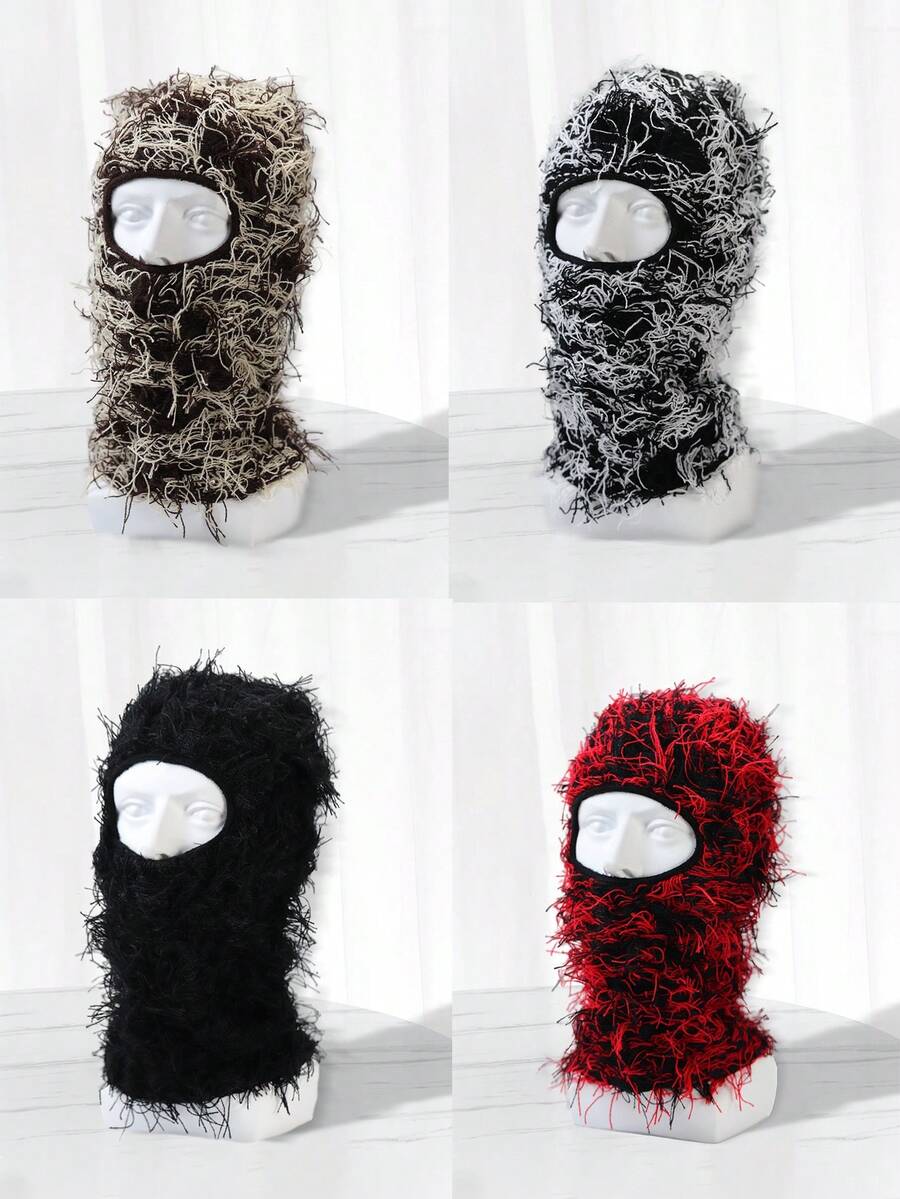 1pc Men's Fashion Jacquard Knit Beanie With Plush Lining, Detachable Face Mask, Suitable For Daily Wear, Skiing And Wind-proof - Black - View 1